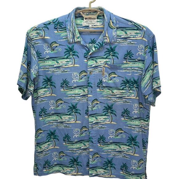 Columbia Mens Shirt Tropical Hawaiian Print L Short Sleeve Swordfish Blue Cruise - Picture 1 of 10